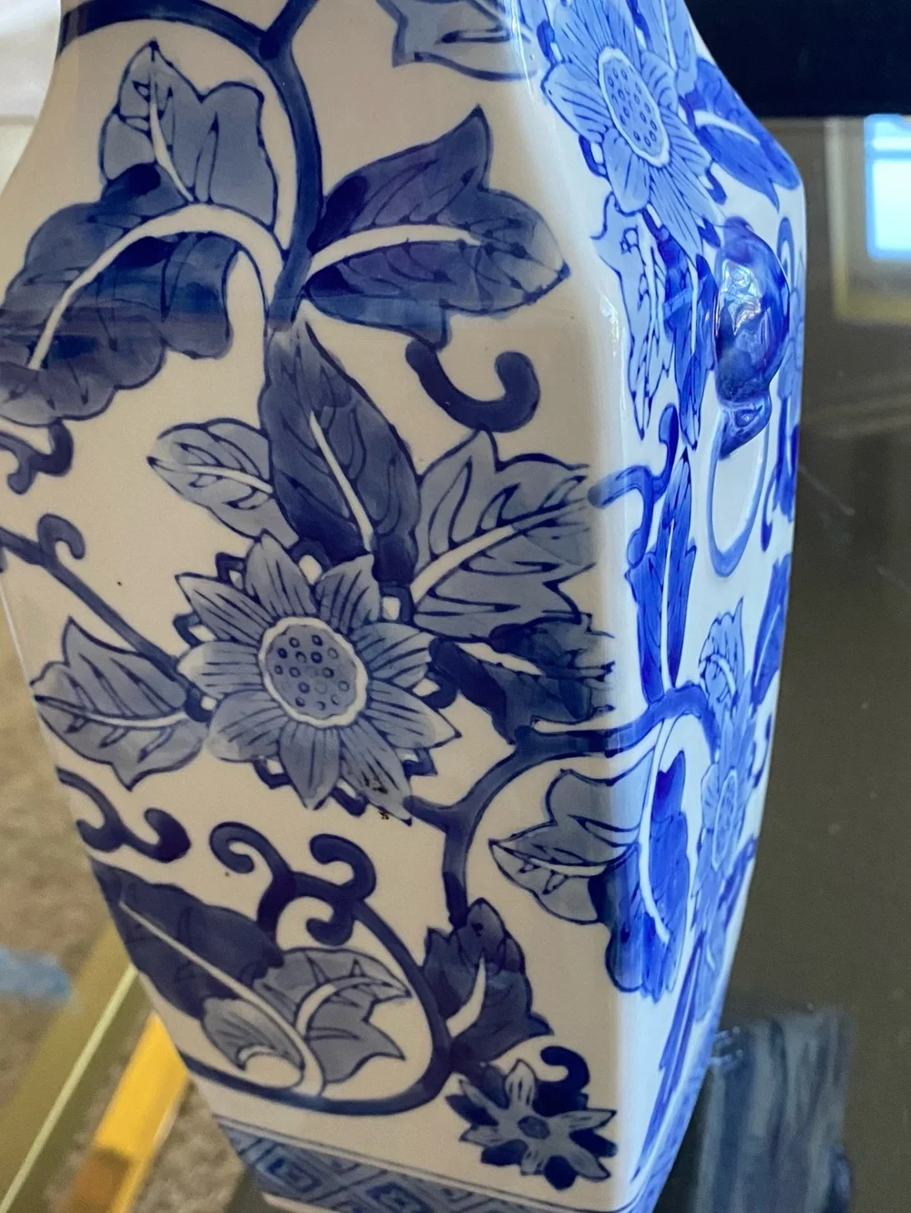 Chinoiserie Blue White Chinese Porcelain Vase Flowers Square Base Handles 10”